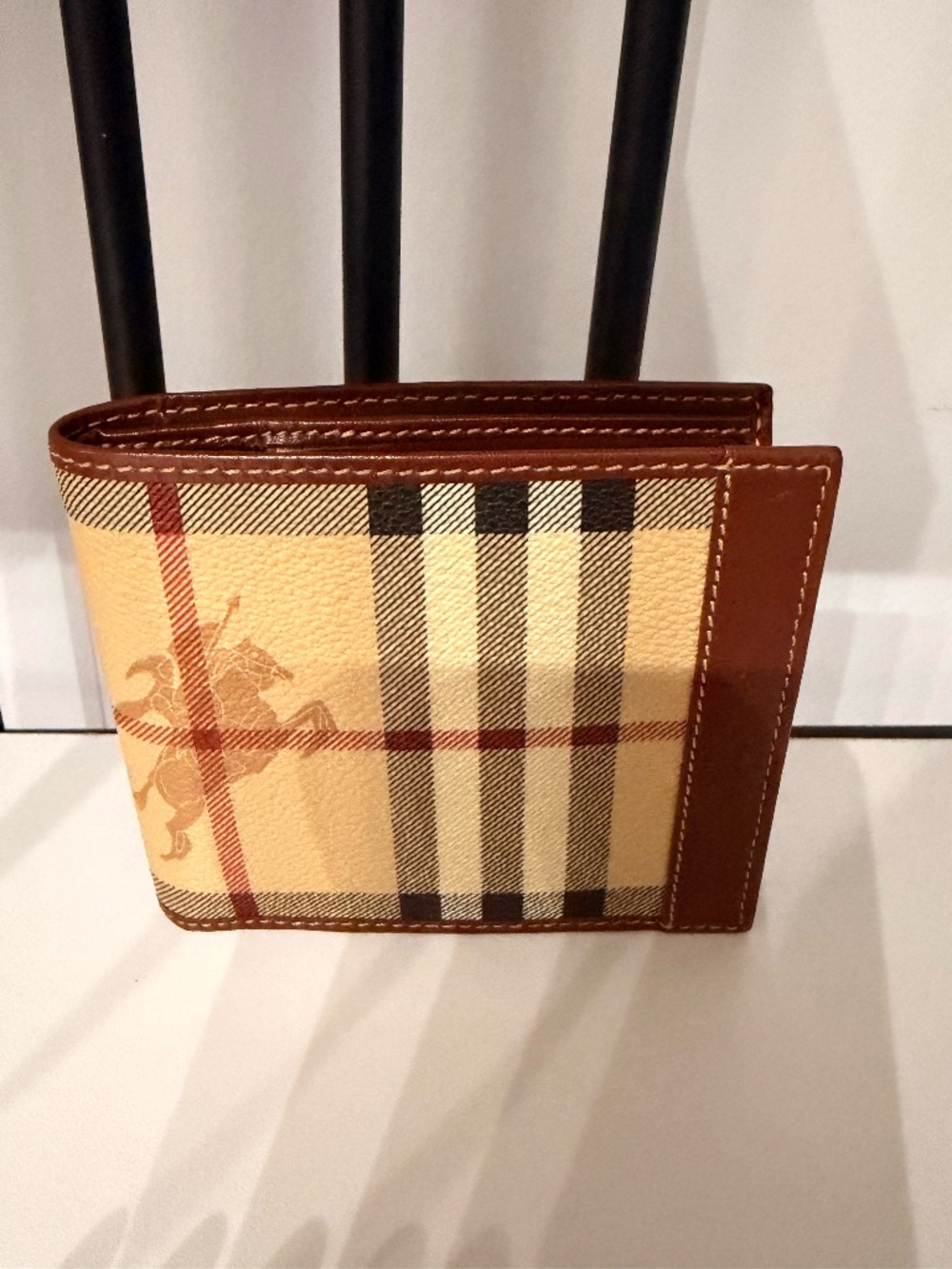 Burberry Nova Check Bifold Wallet Beige Brown Leather Coin Pocket